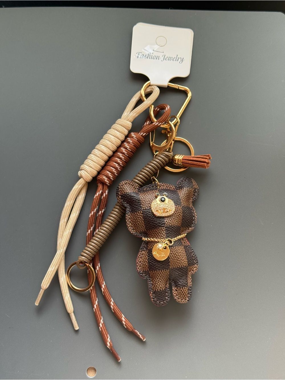 Brown Checkered Bear Bag Charm Keychain Gold Accent Neutral Woven Strap NWT